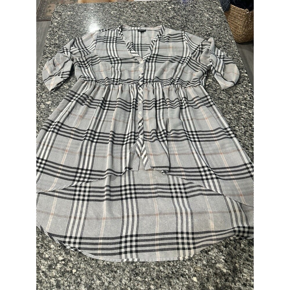 Torrid Size 2 (18/20) Black White Pink Plaid Sheer Babydoll Tunic Blouse